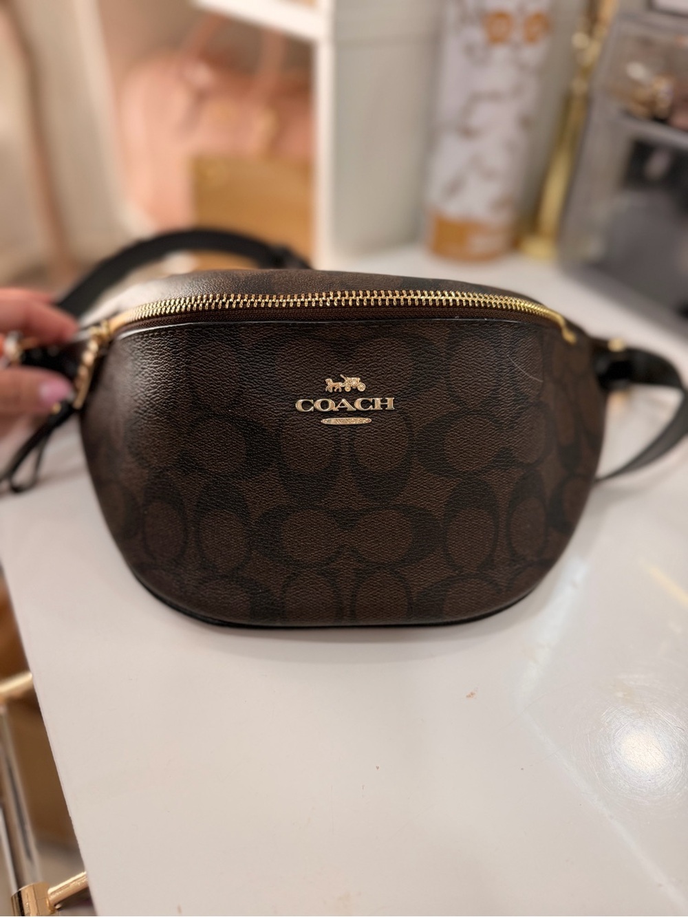 COACH Brown Signature Canvas Crossbody Belt Bag with Gold Hardware